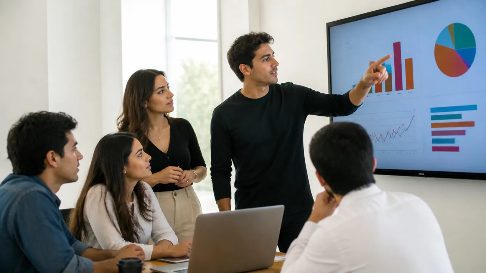 Equipo de trabajo revisando indicadores de negocio en una sala de juntas