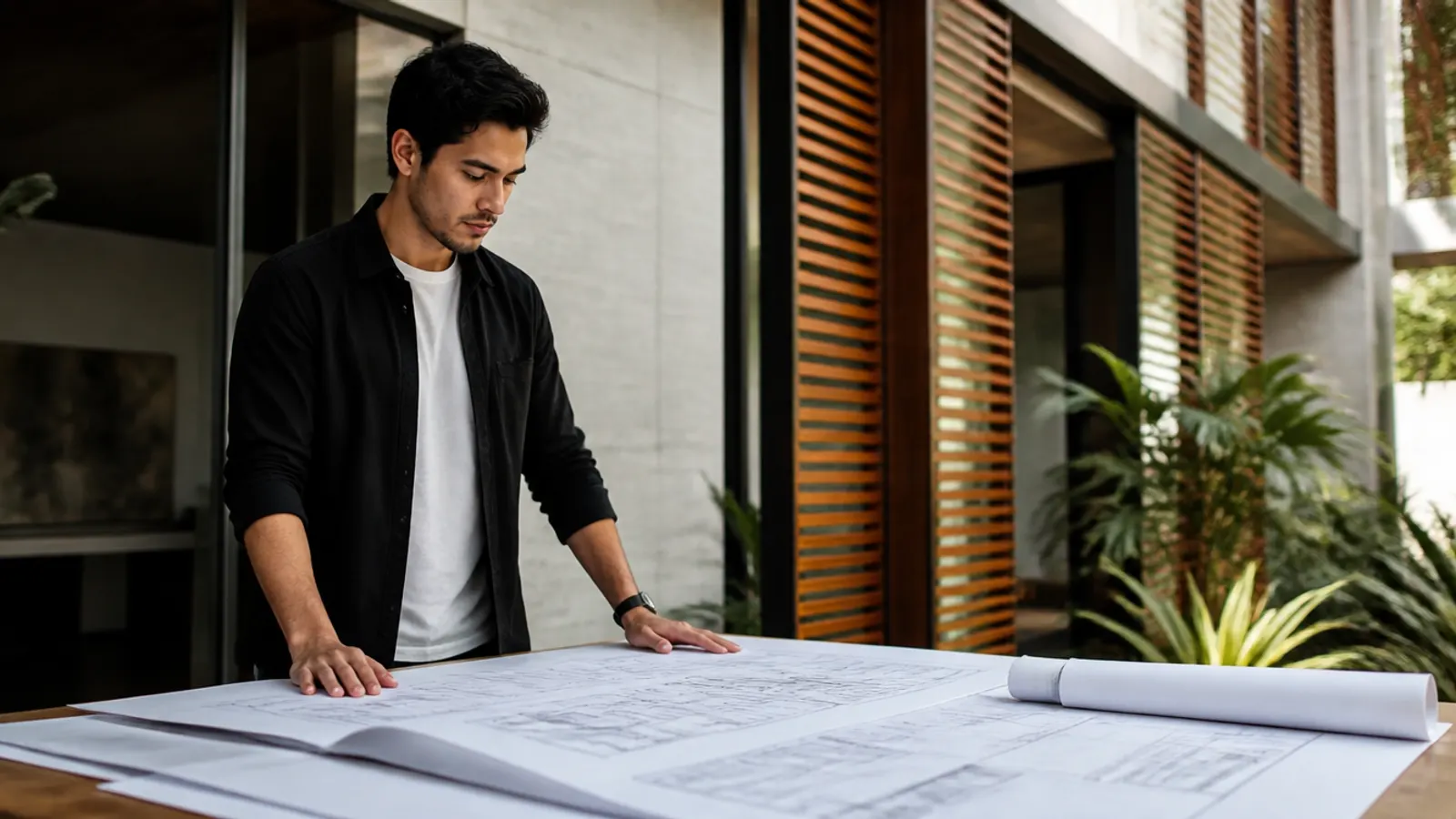 Arquitecta revisando planos junto a una fachada con criterios bioclimáticos