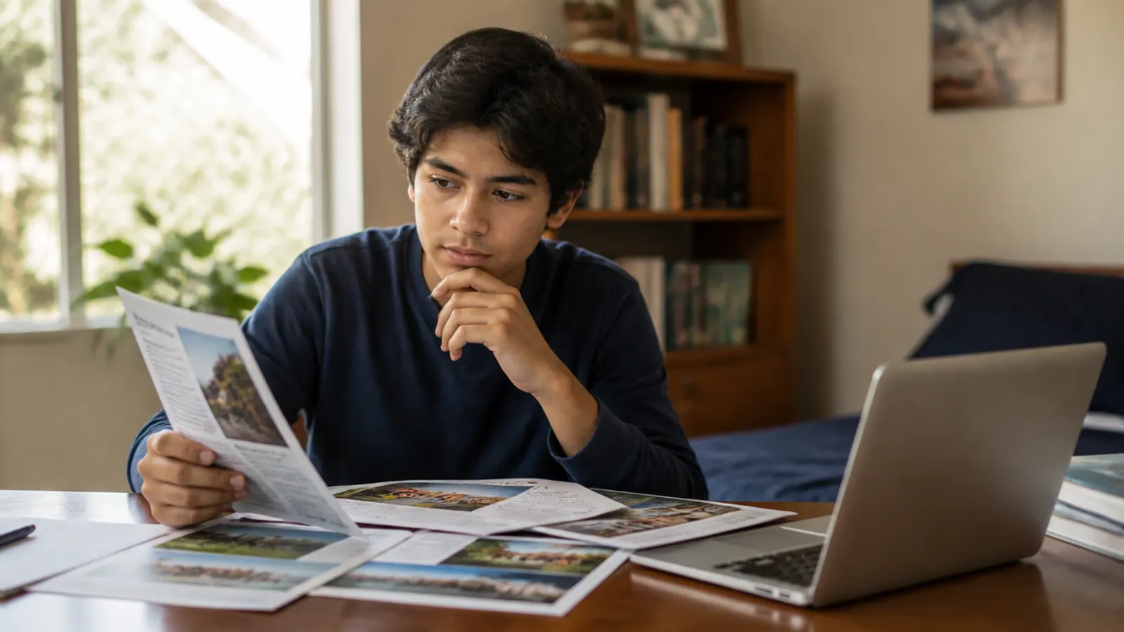 Joven comparando opciones de universidad con folletos y una laptop
