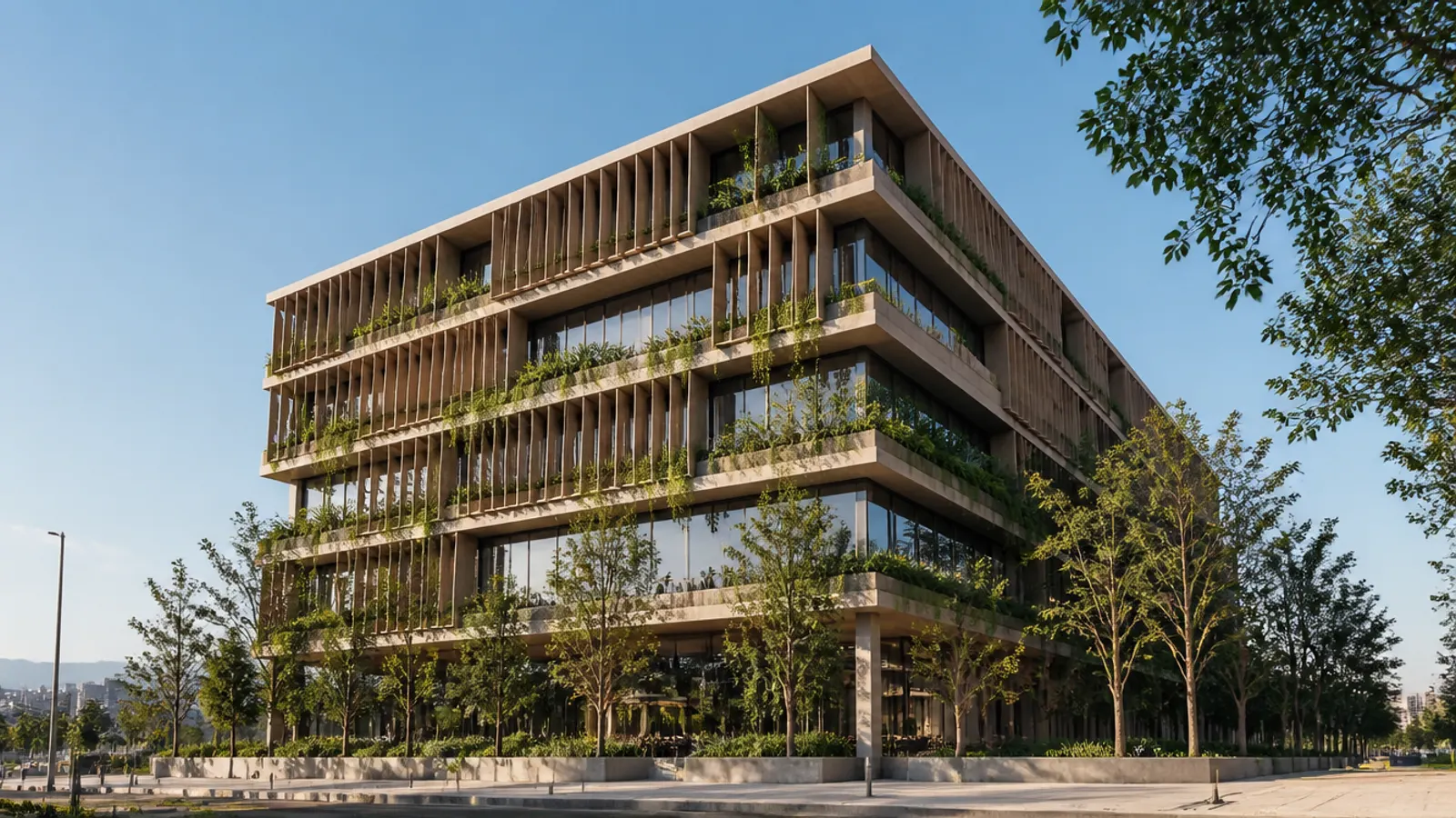 Edificio con envolvente eficiente y vegetación integrada en zona urbana