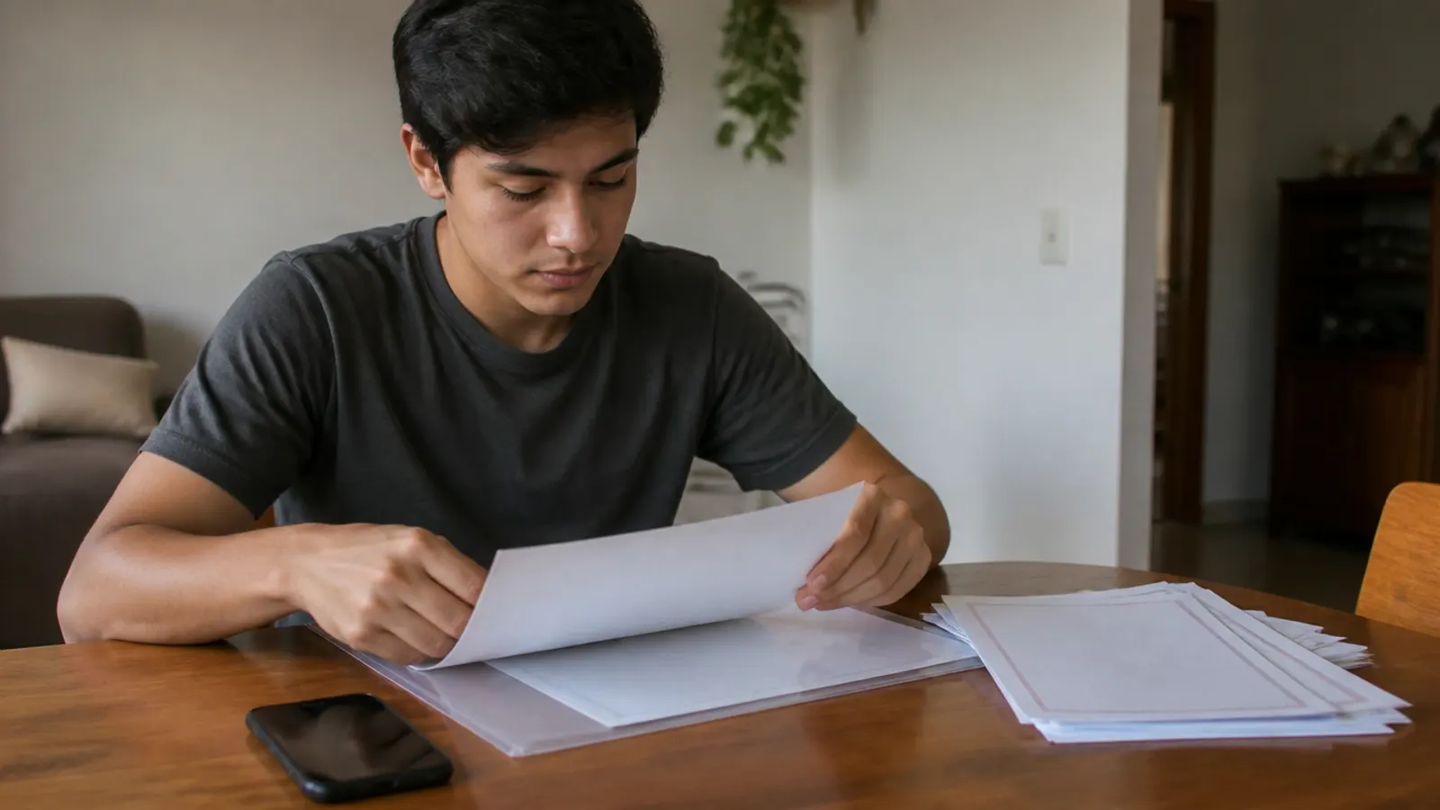 Joven revisando en la mesa de su casa los documentos que va a entregar para inscribirse