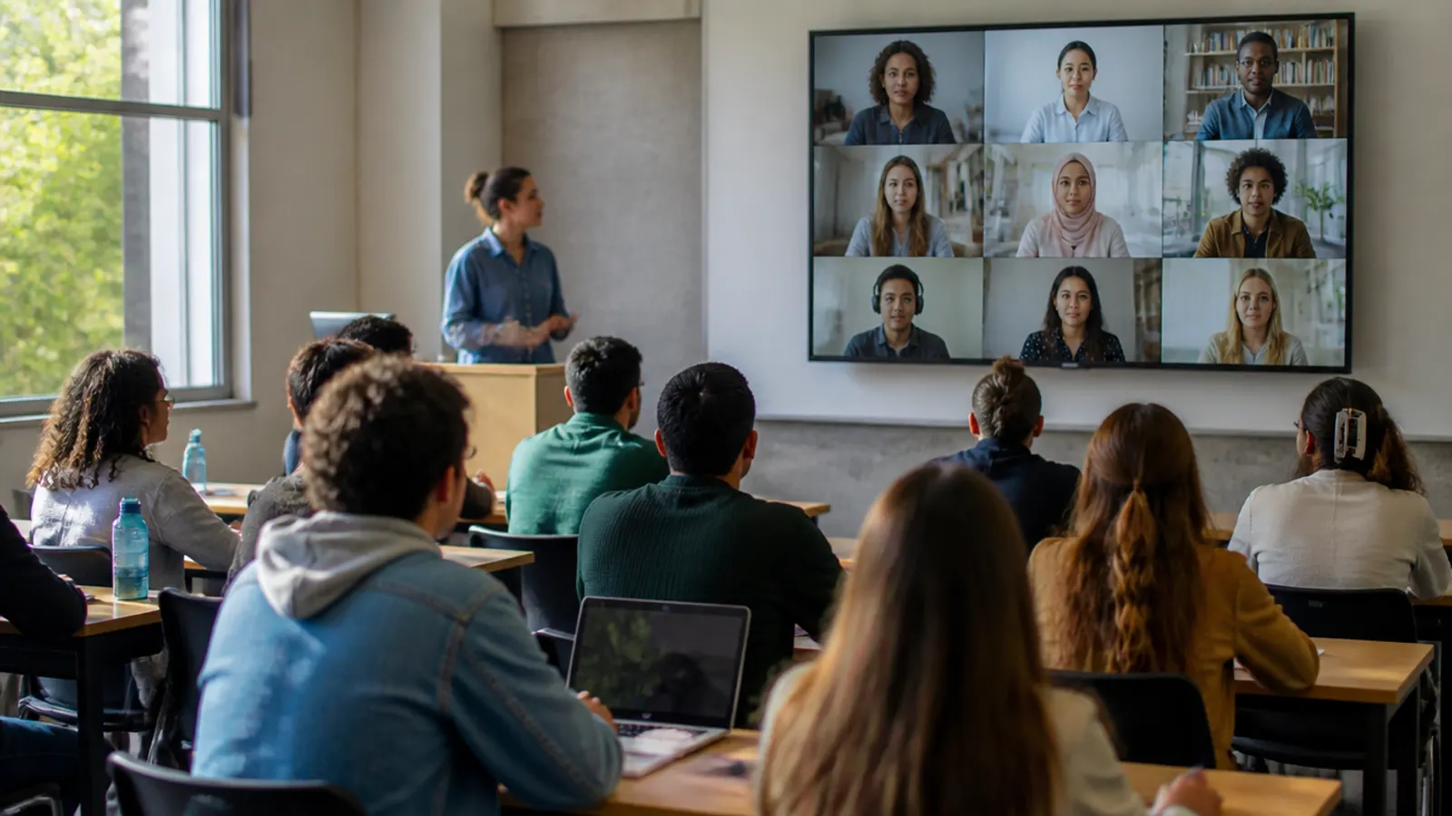 Aula universitaria con estudiantes presenciales y una pantalla con participantes remotos