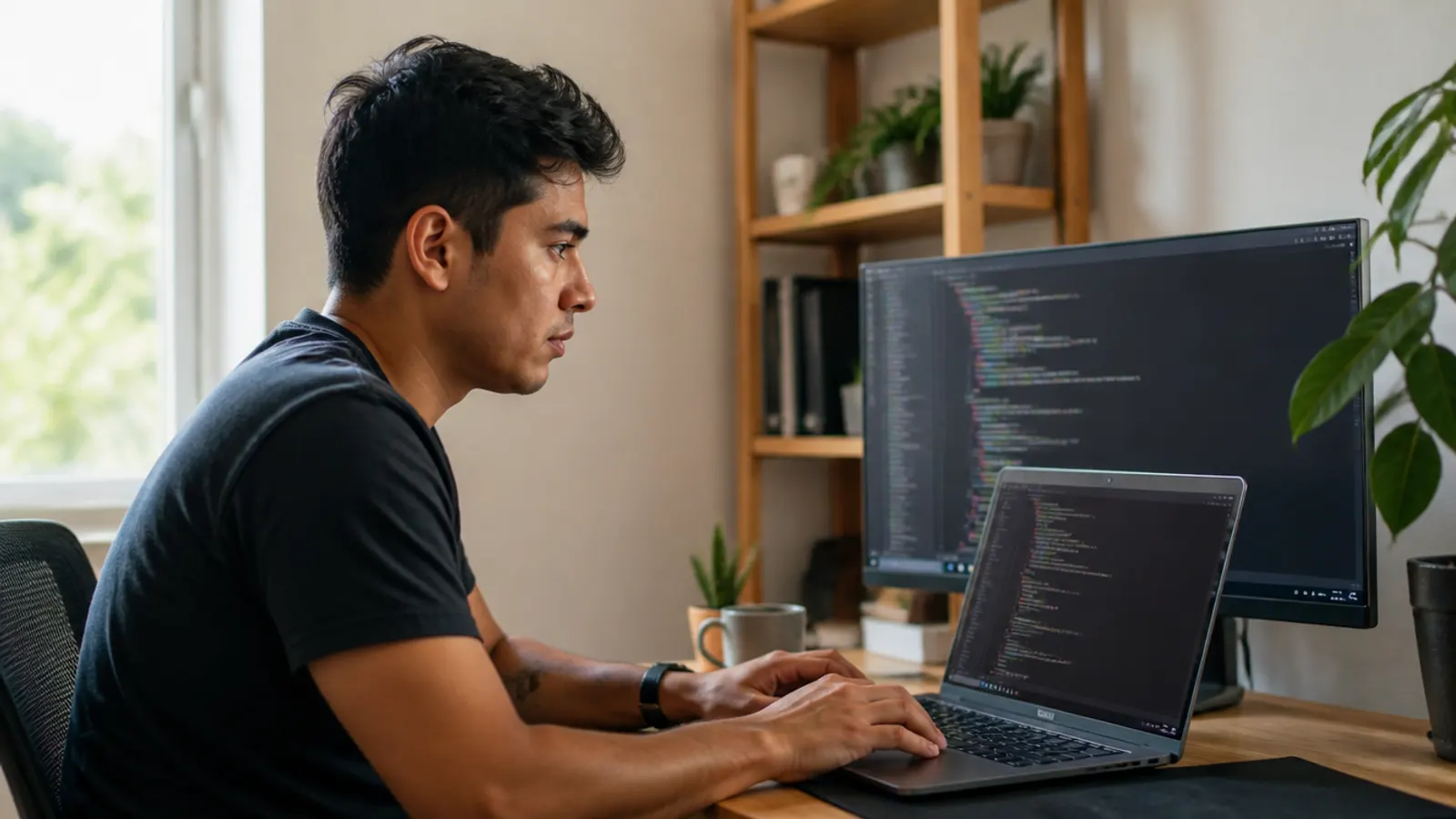 Persona aprendiendo a programar frente a una pantalla con código