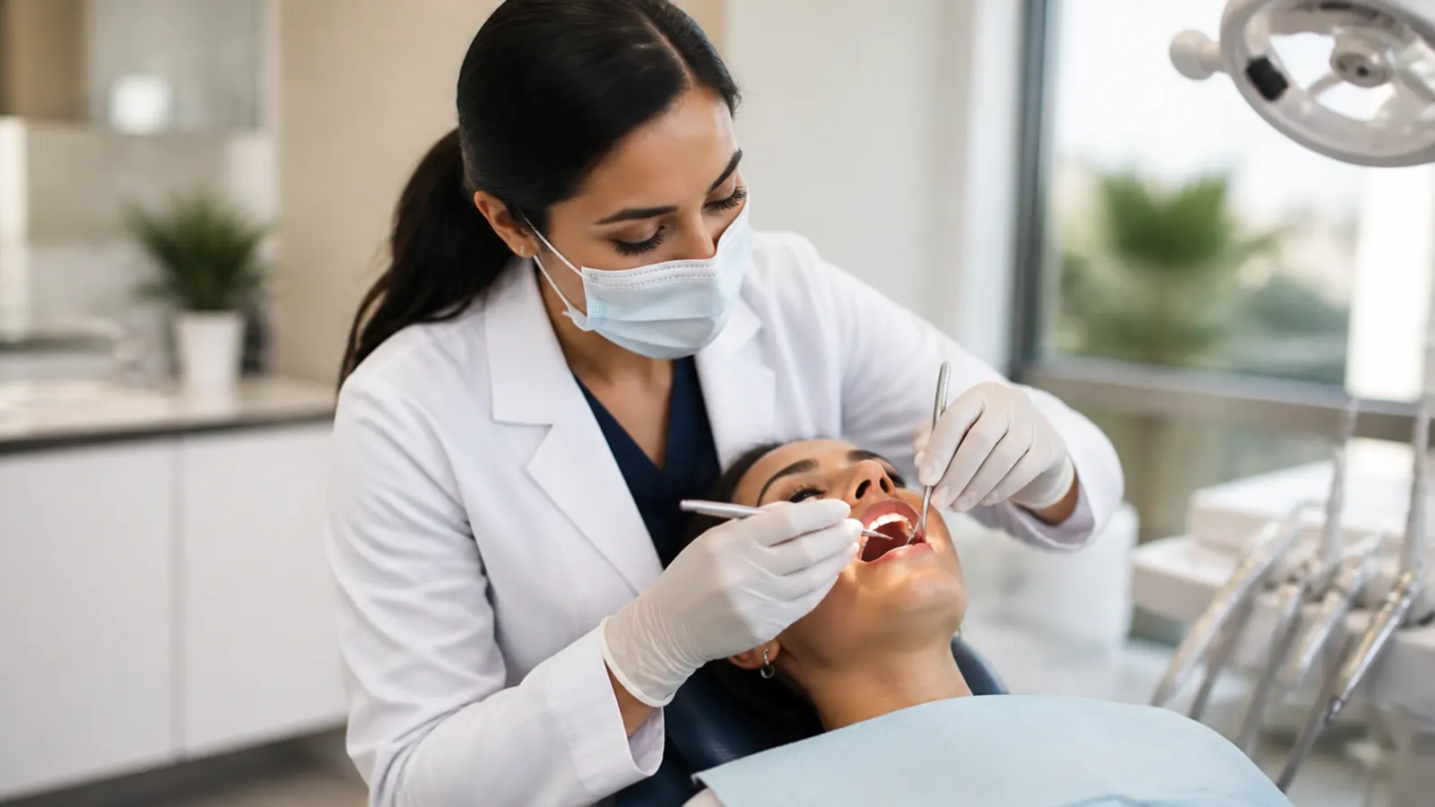Odontóloga atendiendo a un paciente en su consultorio dental