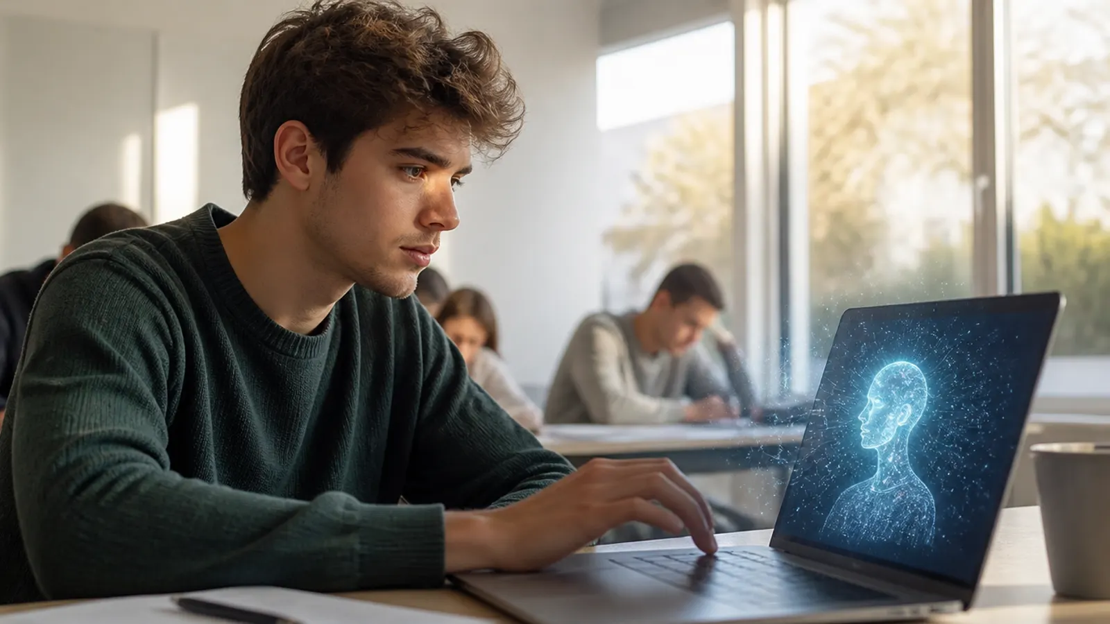 Estudiante trabajando con herramientas de inteligencia artificial en clase