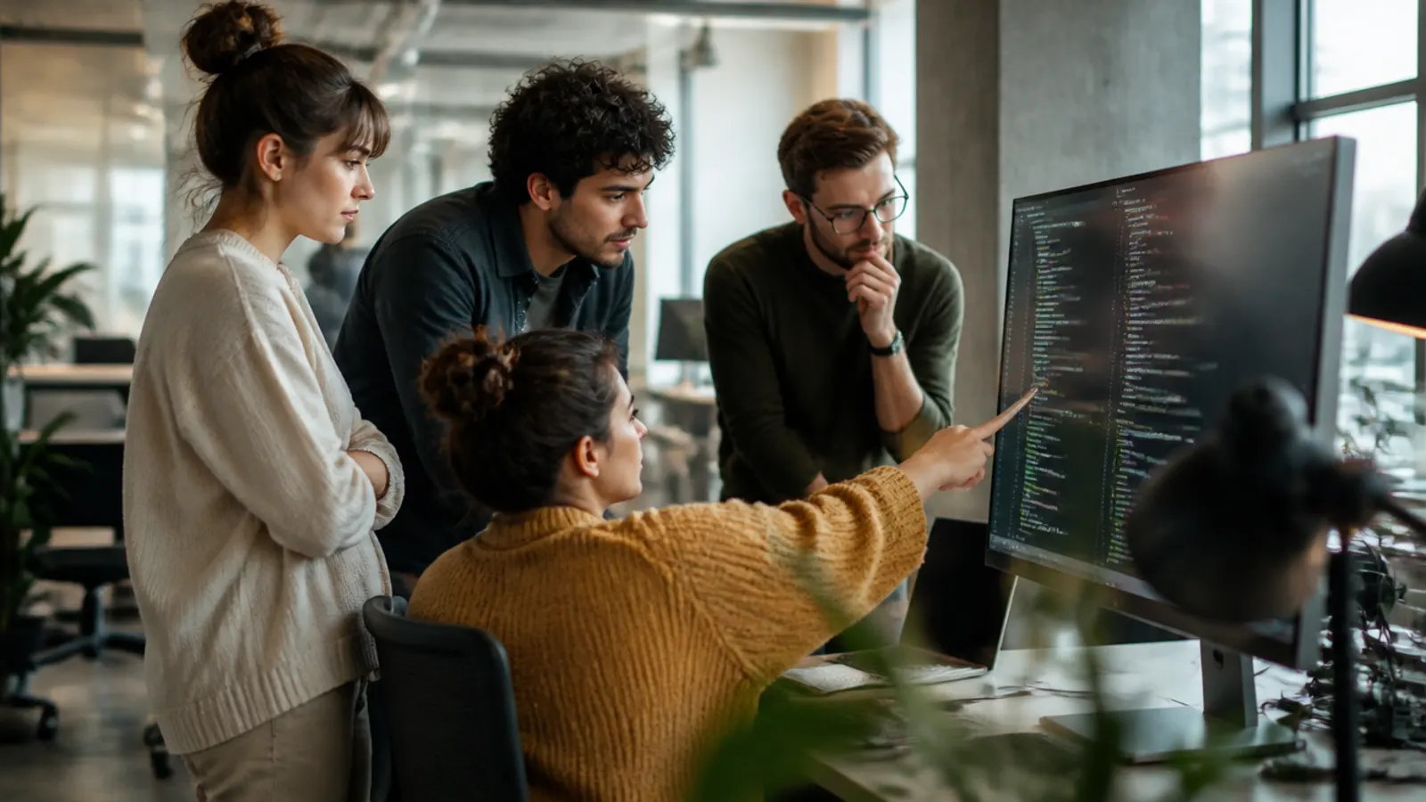 Equipo de desarrollo de software revisando código en una oficina