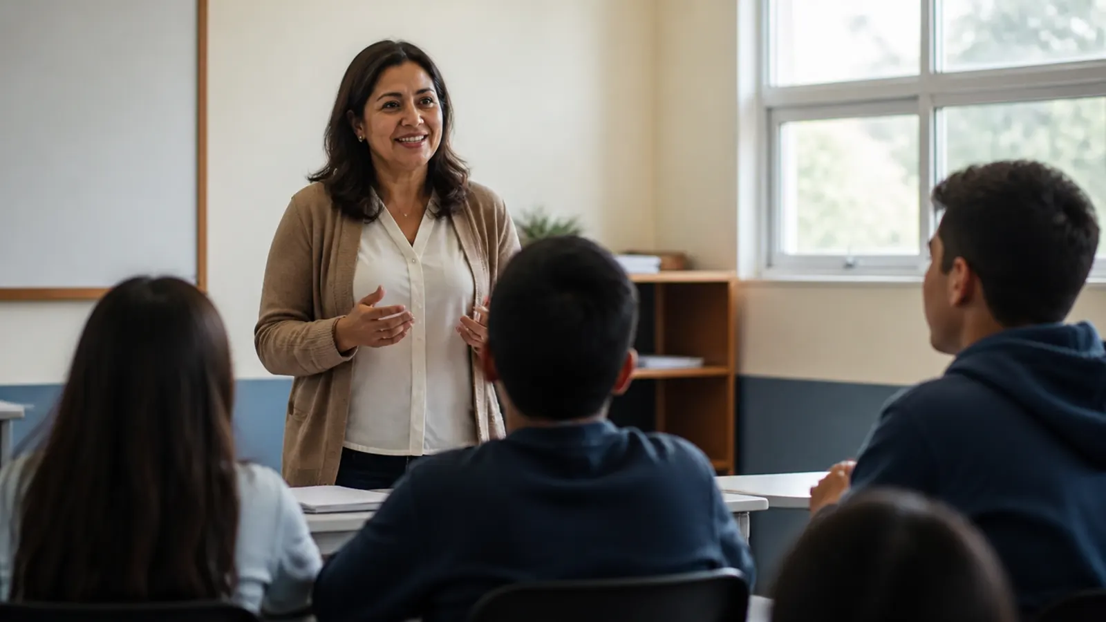 Docente frente a un grupo de estudiantes en un aula luminosa