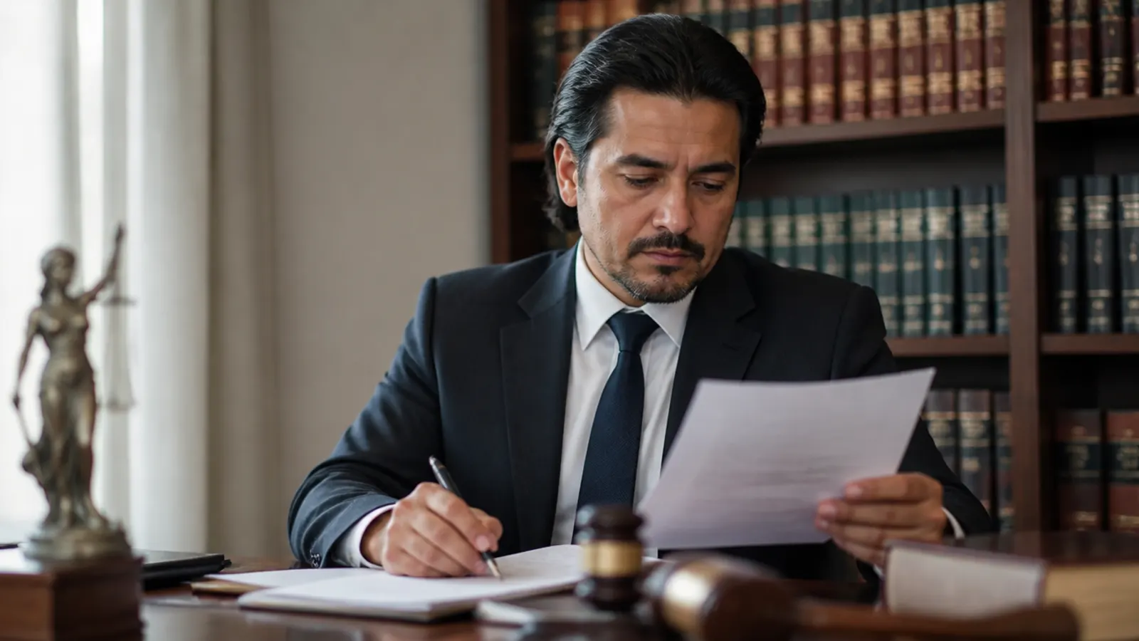 Abogado revisando un expediente en su despacho