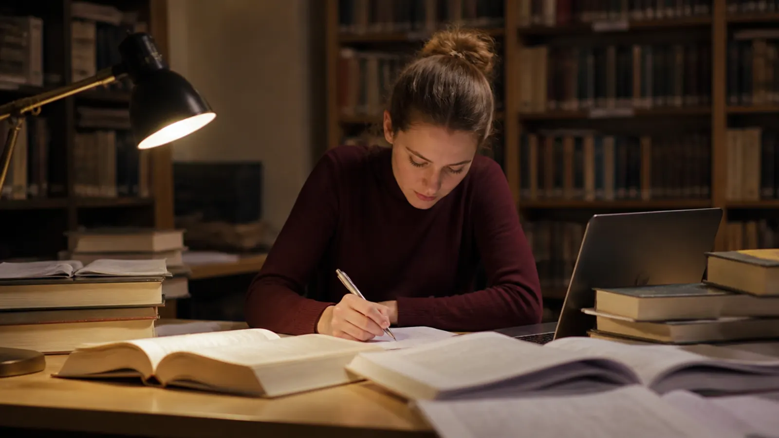Doctorando trabajando en su investigación rodeado de libros y notas