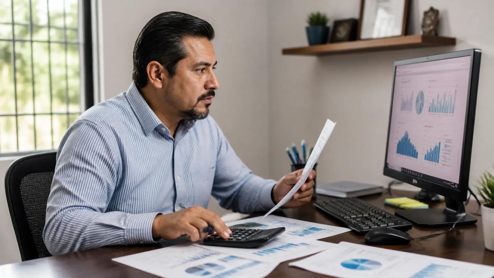 Contador analizando estados financieros en su computadora