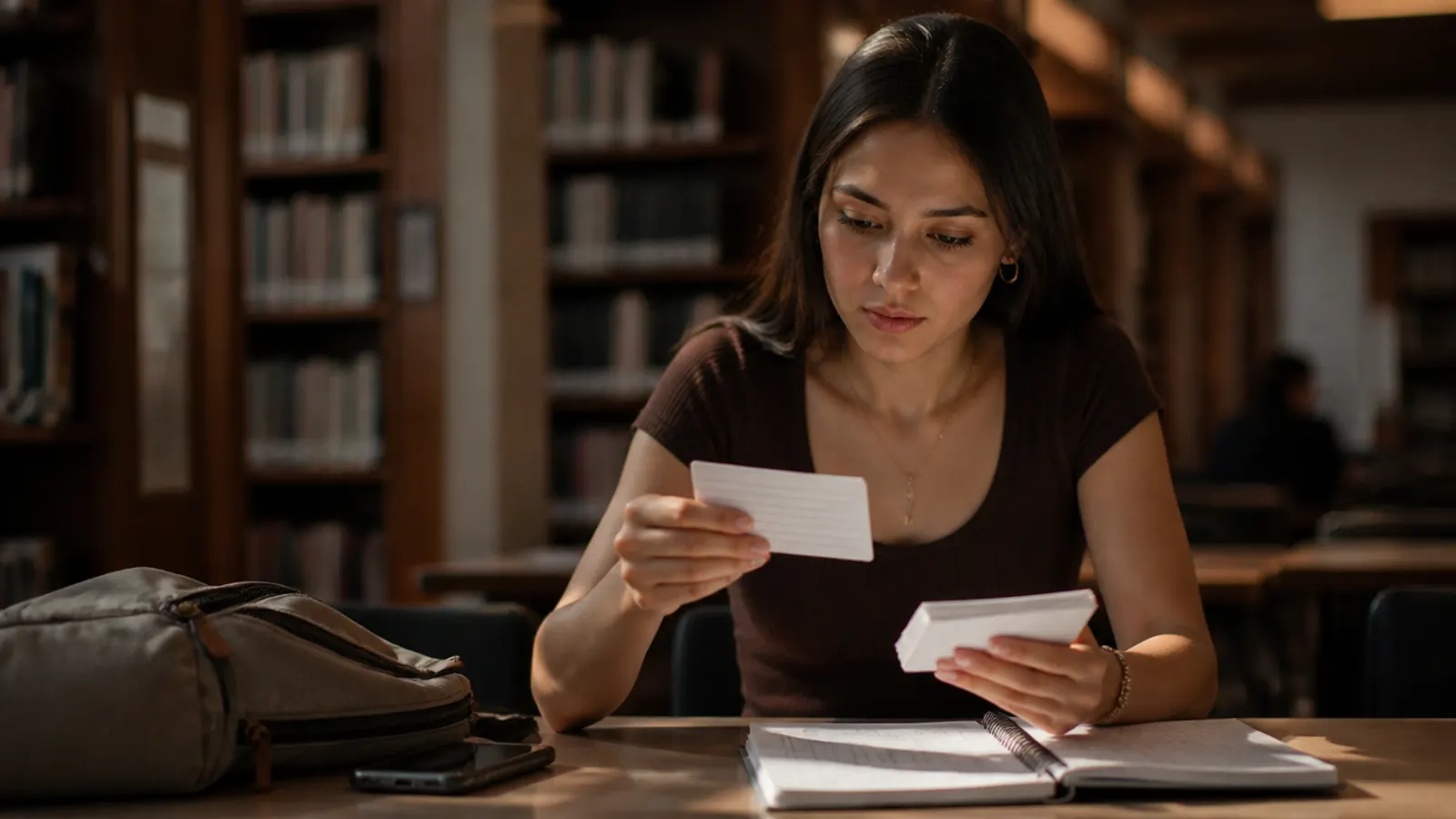 Estudiante repasando con tarjetas de estudio en una mesa de biblioteca