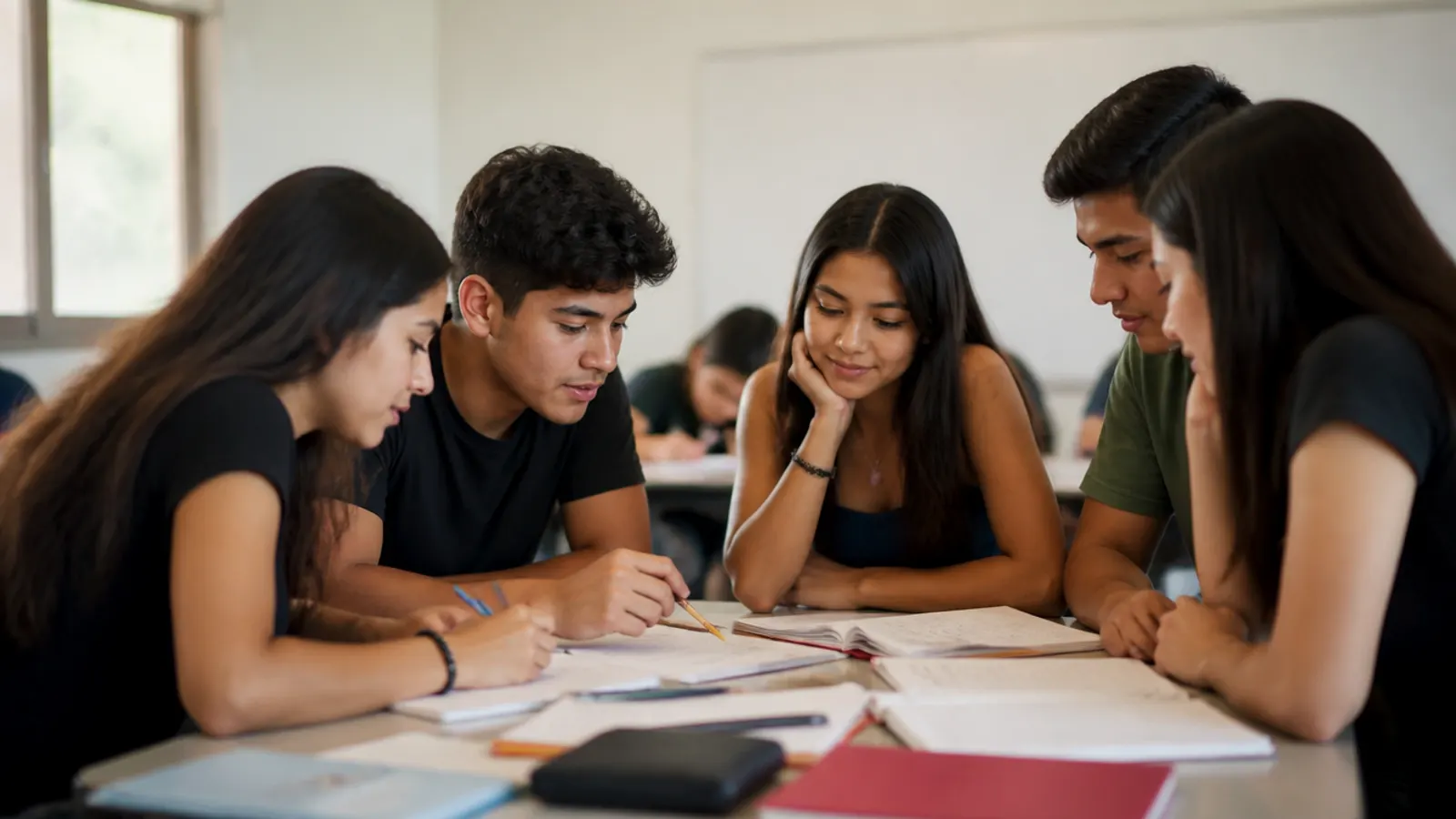 Estudiantes de bachillerato trabajando en equipo en el aula