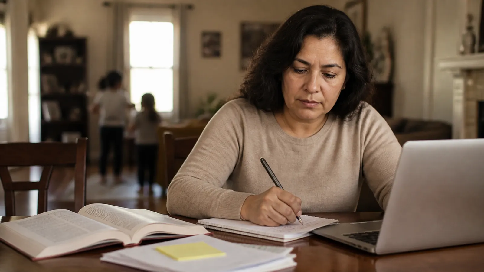 Persona adulta estudiando en la mesa de su casa con una laptop y apuntes