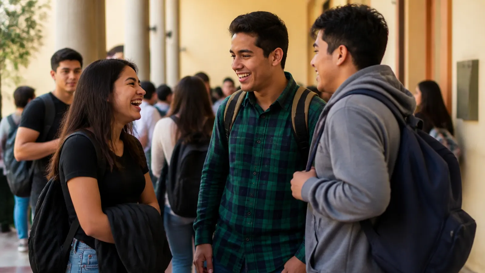 Estudiantes conversando en los pasillos del campus universitario