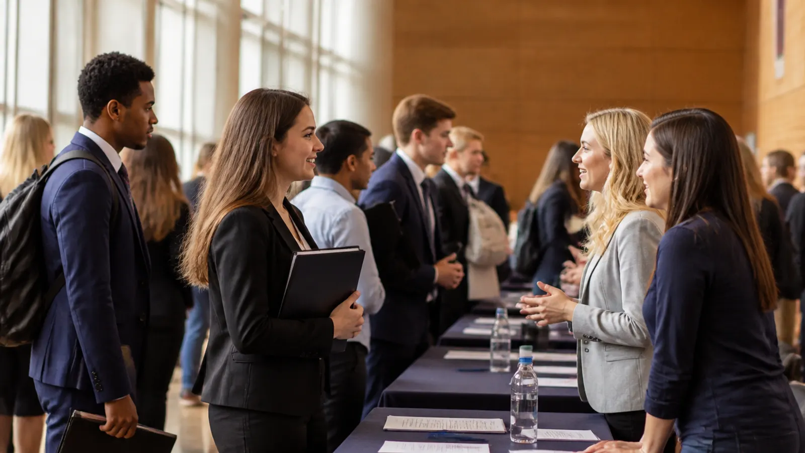 Estudiantes conversando con reclutadores en una feria de empleo universitaria